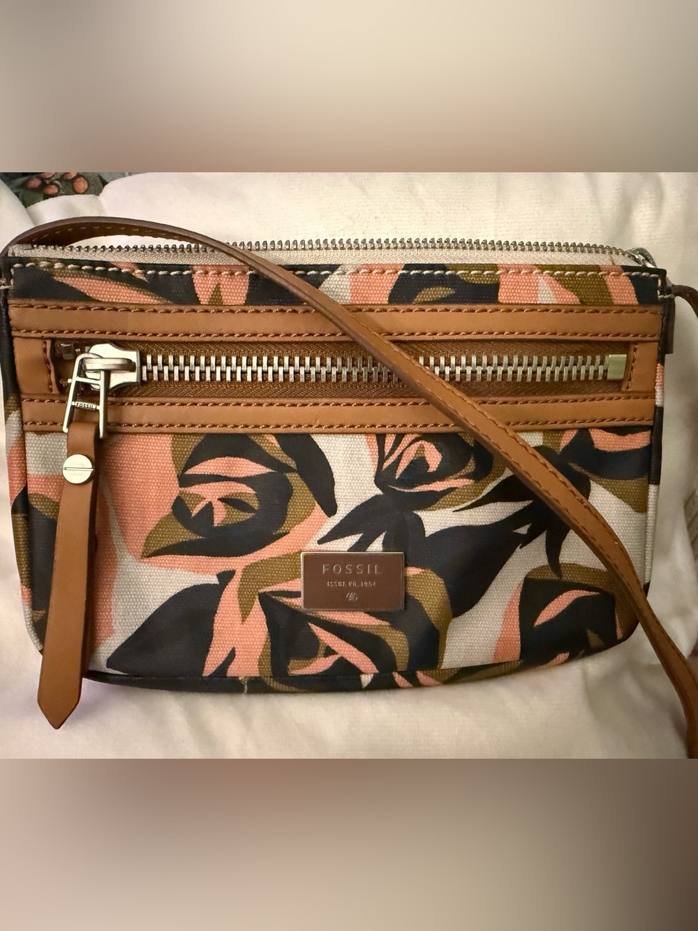 Fossil Floral Canvas Crossbody in Pink, Brown & Black